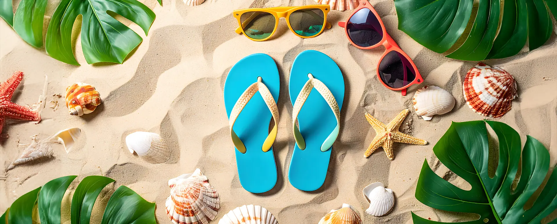 imagem com areia, chinelos de praia, óculos de sol, como se fossem férias paradisíacas.