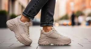 Sapatilhas plataforma bege em pele e tecido, usadas com calças de ganga escuras, em ambiente urbano ao ar livre