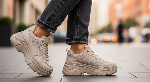 Sapatilhas plataforma bege em pele e tecido, usadas com calças de ganga escuras, em ambiente urbano ao ar livre