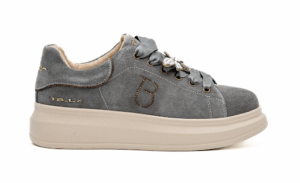 Sapatilhas plataforma Tosca Blu cinzentas em camurça com sola bege e atacadores de cetim decorados 