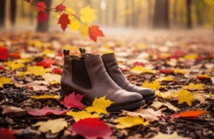 Sapatilhas plataforma bege em pele e tecido, usadas com calças de ganga escuras, em ambiente urbano ao ar livre