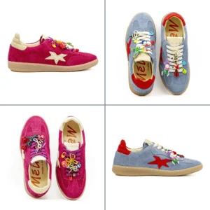 Modelos de sapatilhas da marca Meline, com diferentes cores e com solado minimalista, em duas perspectivas.